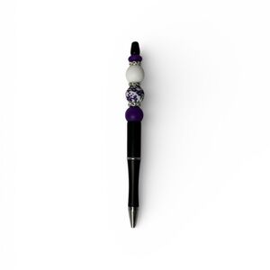 Handmade Beaded Pen – Purple & Black with Floral Accent